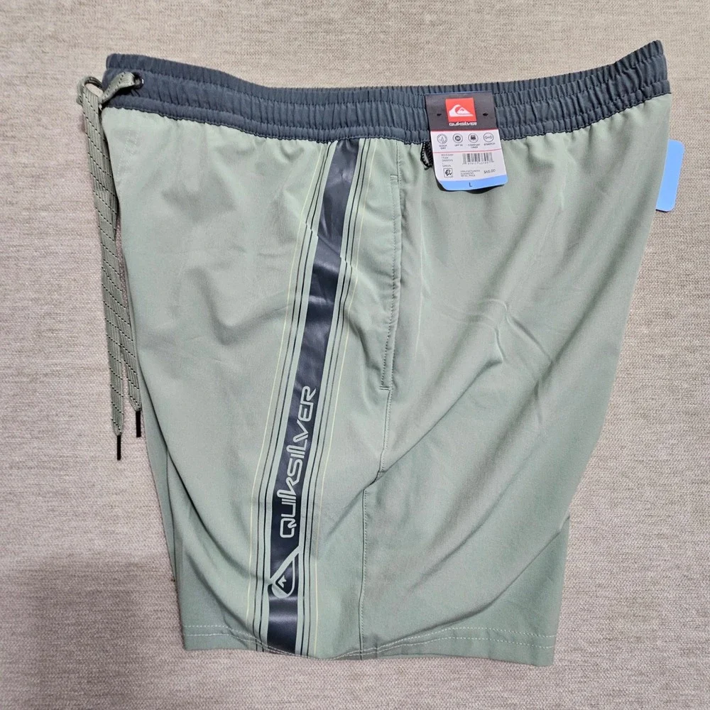 Quiksilver NWT Swim Trunks Mens Large Green Grey Quick Dry Stretch UPF 50